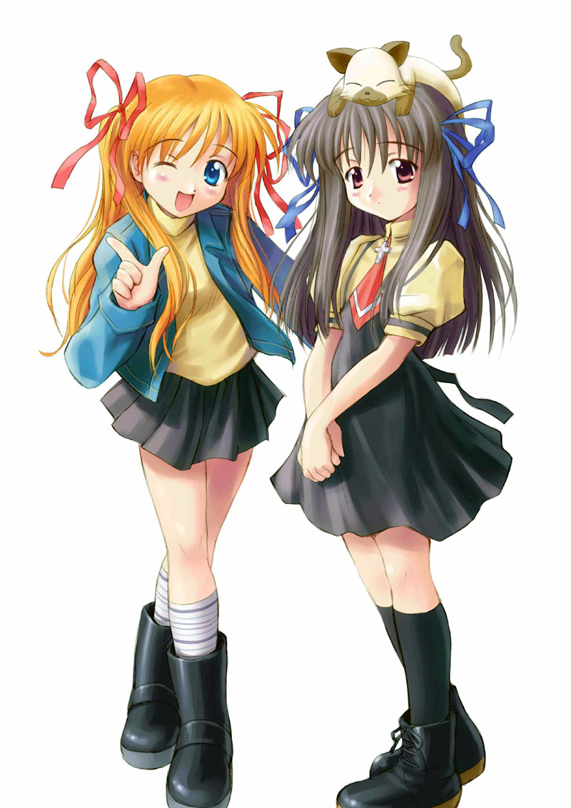 2girls ;d air blonde_hair blue_eyes boots cat company_connection crossover goto_p hair_ribbon kanon key_(company) long_hair multiple_girls one_eye_closed open_mouth piro ribbon sawatari_makoto school_uniform serafuku smile toono_minagi