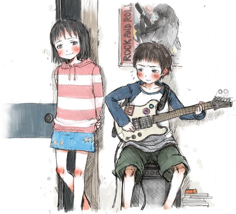 1boy 1girl amplifier black_eyes black_hair blush body_blush electric_guitar flying_sweatdrops gomennasai guitar hood hoodie instrument poster poster_(object) raglan_sleeves short_hair skirt striped