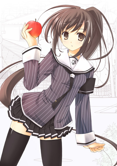 1girl apple chuujou_kagetsu food fruit holding holding_fruit original ponytail school_uniform serafuku solo thigh-highs zettai_ryouiki