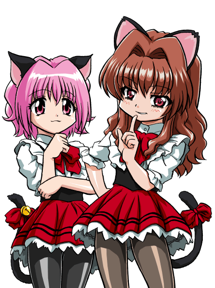 00s 2girls animal_ears bandabekken bell bow bronze_parrot brown_hair cat_ears cat_tail crossover jingle_bell long_hair momomiya_ichigo morino_ichigo multiple_girls onegai_teacher onegai_twins pantyhose pink_eyes pink_hair red_eyes short_hair tail tail_bell tokyo_mew_mew waitress