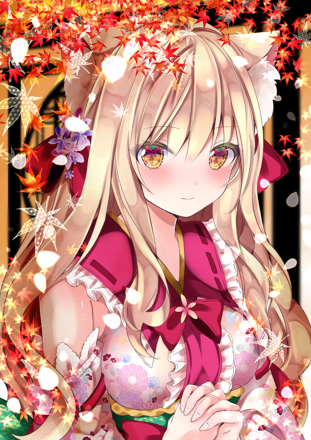 1girl animal_ear_fluff animal_ears autumn_leaves bangs bare_shoulders blue_flower blush bow breasts brown_eyes cat_ears closed_mouth commentary_request detached_sleeves eyebrows_visible_through_hair floral_print flower hair_between_eyes hair_bow hands_clasped hands_up highres japanese_clothes kimono leaf light_brown_hair maple_leaf medium_breasts nanase_kureha nanase_nao original own_hands_together print_kimono red_bow sleeveless sleeveless_kimono smile solo upper_body white_kimono white_sleeves