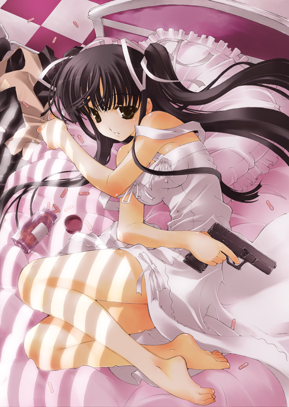 1girl bangs bare_shoulders barefoot bed bedroom black_hair bottle bow breasts brown_eyes checkered checkered_floor cleavage dress drugs dutch_angle eve_(series) eve_new_generation_x eve_~new_generation_x~ feet fetal_position finger_on_trigger frilled_pillow frills from_above from_side fujima_takuya full_body glock gun hair_ribbon handgun holding holding_weapon indoors kizeki_noi legs long_hair looking_at_viewer lying medium_breasts on_bed on_side parted_lips pill pillow pistol ribbon sideboob solo strap_slip sundress sunlight twintails two_side_up weapon white_dress