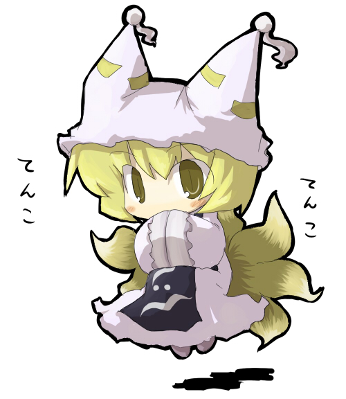 1girl blonde_hair chibi female floating fox_tail hands_in_sleeves hat long_sleeves looking_at_viewer multiple_tails pillow_hat sasane short_hair simple_background solo tabard tail tassel text touhou white_background wide_sleeves yakumo_ran yellow_eyes