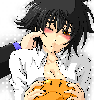 1girl black_hair brown_eyes genderswap gundam gundam_00 haro lowres oekaki setsuna_f_seiei solo_focus