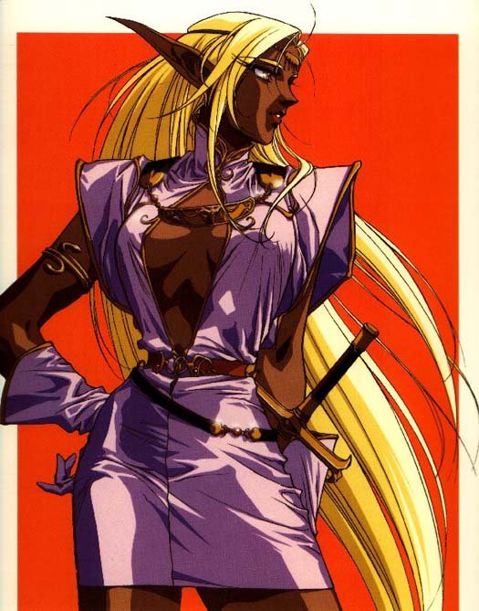 1girl 90s ahoge armlet belt beltskirt blonde_hair breasts breasts_apart center_opening circlet cleavage cowboy_shot dark_elf dark_skin dress elbow_gloves elf fantasy gloves grin hand_on_hip jewelry jpeg_artifacts large_breasts lipstick long_hair long_pointy_ears looking_afar looking_away makeup no_bra official_art open_clothes open_dress pirotess pointy_ears profile record_of_lodoss_war red_background red_lipstick short_dress sidelocks simple_background slender_waist smile solo standing sword turtleneck very_long_hair weapon yellow_eyes yuuki_nobuteru