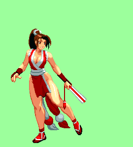 1girl animated animated_gif bounce bouncing_breasts breasts brown_hair cleavage fan king_of_fighters lowres ninja pixel_art ponytail shiranui_mai snk solo the_king_of_fighters