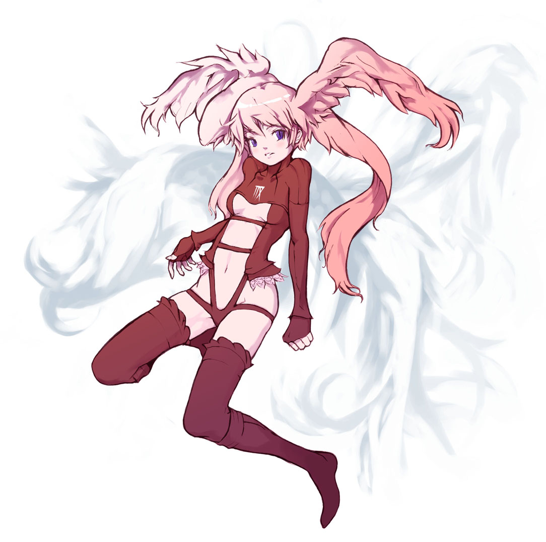 1girl blush breasts cleavage final_fantasy final_fantasy_tactics hair_wings head_wings inawata midriff pink_hair red_legwear small_breasts solo thigh-highs ultima_(fft) violet_eyes wings