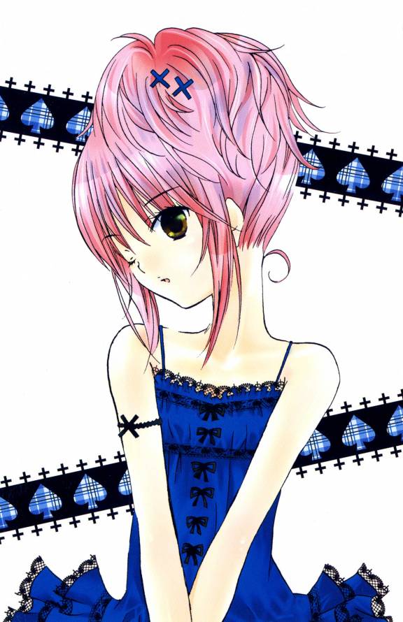 1girl bare_shoulders blue_dress dress hair_ornament hinamori_amu lace lace-trimmed_dress official_art one_eye_closed peach-pit pink_hair ribbon scan shugo_chara! solo v v_arms wink yellow_eyes