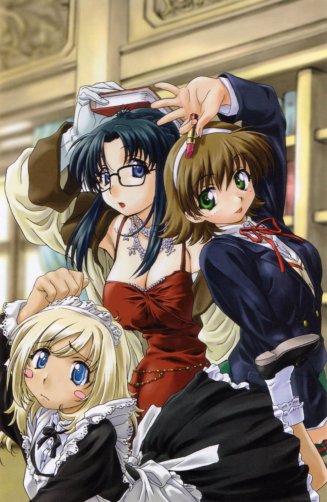00s 3girls :o :p arm_up belt black_hair blazer blonde_hair blue_eyes blush blush_stickers book breasts brown_hair cleavage dress footwear frown glasses gloves green_eyes hairband hand_on_head highres jacket jewelry large_breasts library lipstick long_hair maid maid_headdress makeup multiple_girls object_on_head off_shoulder open_clothes open_jacket open_mouth read_or_die ribbon school_uniform shoes short_hair socks standing sumiregawa_nenene surprised tongue tongue_out tripping uon_taraku wendy_earhart yomiko_readman younger