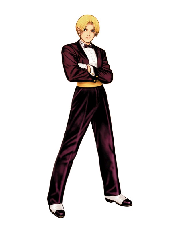 1girl blonde_hair bow bowtie closed_mouth earrings female formal full_body jewelry king_(snk) king_of_fighters king_of_fighters_2000 long_sleeves mori_toshiaki official_art pant_suit pants parted_bangs pose ryuuko_no_ken shoes short_hair simple_background snk solo standing suit the_king_of_fighters the_king_of_fighters_2000 tuxedo white_background
