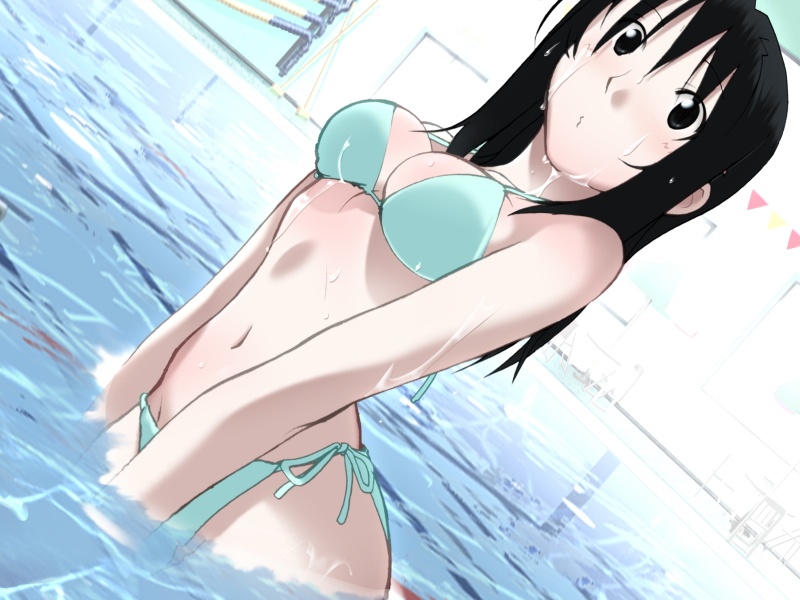 1girl aqua_bikini bikini black_eyes black_hair blush body_blush breasts chair dutch_angle game_cg indoors jinguuji_rio looking_at_viewer o3o pool senpai_ga_fiancee!? shinohara_yuuno side-tie_bikini solo surprised swimsuit table triangle water wet