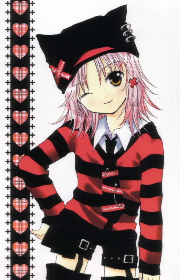 1girl hat hinamori_amu jewelry necktie official_art one_eye_closed peach-pit pink_hair scan short_hair shorts shugo_chara! smile solo striped thigh-highs wink yellow_eyes