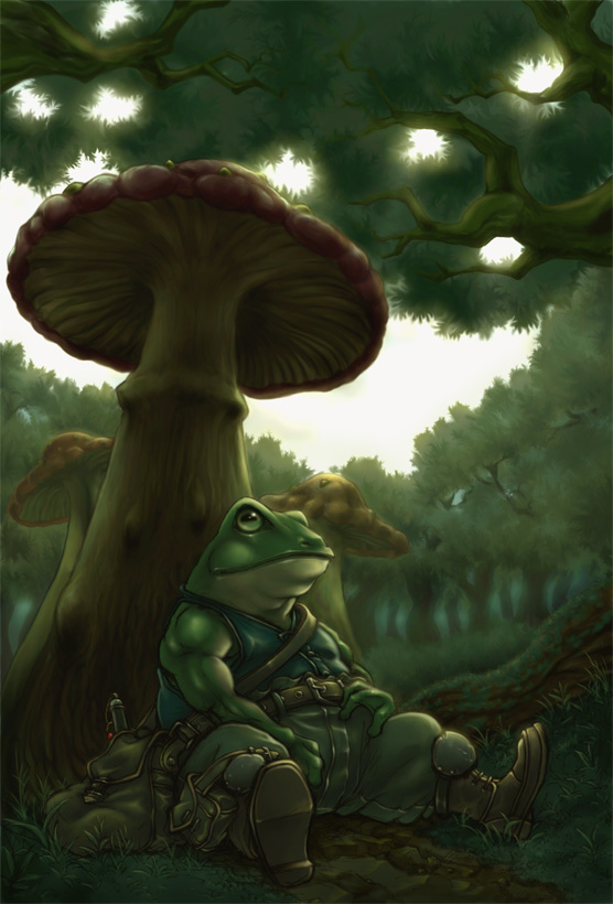 90s chrono_(series) chrono_trigger forest frog kaeru_(chrono_trigger) mushroom nature no_humans outdoors scenery solo