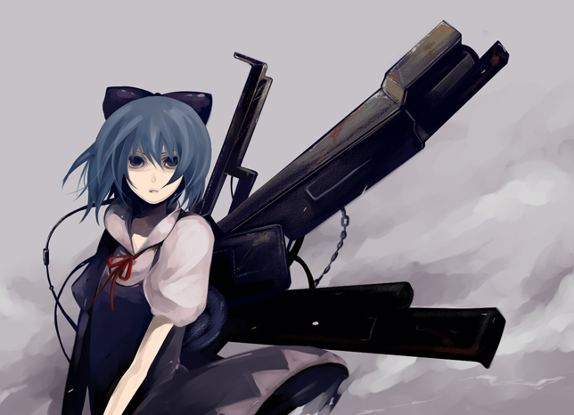 1girl bad_id bow cable chise chise_(saishuu_heiki_kanojo) cirno clouds crossover mecha mecha_musume pale_skin parody riku_(artist) riku_(wana) saishuu_heiki_kanojo solo touhou wind