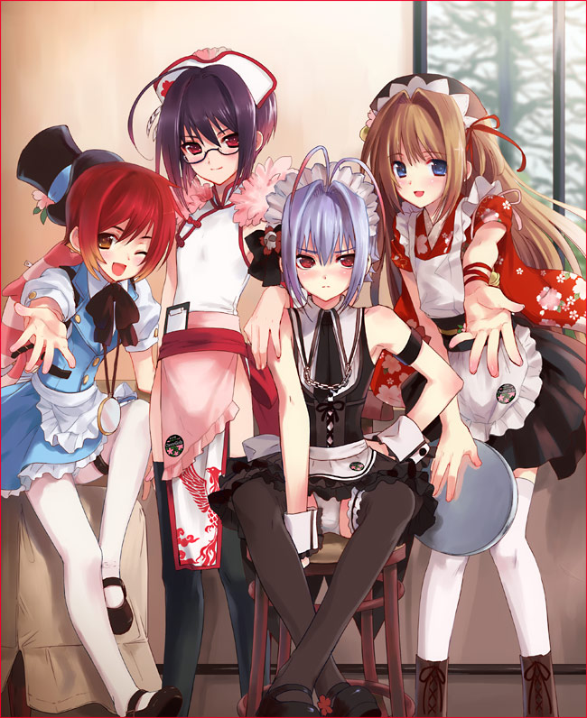 5boys antenna_hair apron bare_shoulders bell black_hair black_legwear blue_eyes blue_hair blush brown_eyes brown_hair cameltoe china_dress chinese_clothes crossdressinging dress flat_chest frills garter_belt glasses hat japanese_clothes kasukabe_akira kimono legs long_hair looking_at_viewer maid maid_apron mary_janes miniskirt multiple_boys nao_(otosuki) notebook one_eye_closed otoko_no_ko_wa_meido_fuku_ga_osuki!? outstretched_hand panties pantyhose purple_hair red_eyes redhead ribbon rio_(otosuki) shoes short_hair sitting skirt smile striped striped_panties thigh-highs tomo_(otosuki) top_hat trap tray underwear white_legwear white_panties wrist_cuffs yukata yuki_(otosuki) zettai_ryouiki