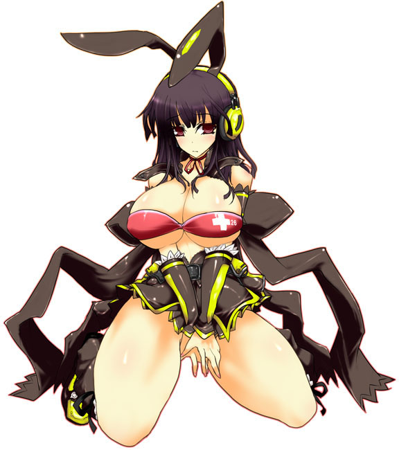 ahou_miya animal_ears beatmania beatmania_iidx bemani black_hair blush breasts bunnysuit cleavage headphones hinazuki_lilina hinazuki_ririna hips huge_breasts lace original rabbit_ears ribbon thighs