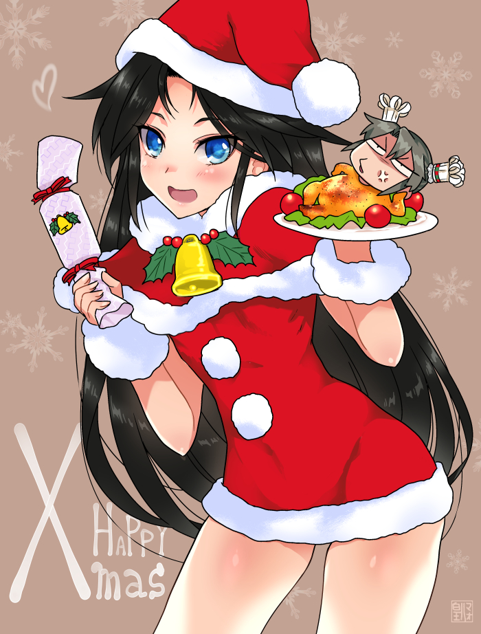 2girls anger_vein black_hair blue_eyes blush capelet christmas commentary_request cowboy_shot dress food hat kantai_collection katsuragi_(kantai_collection) leaning_forward long_hair looking_at_viewer merry_christmas minigirl multiple_girls open_mouth pom_pom_(clothes) ponytail pun red_dress santa_costume santa_hat short_dress smile snowflakes sumeragi_hamao thighs tongue tray tsurime turkey_(food) twintails zuikaku_(kantai_collection)