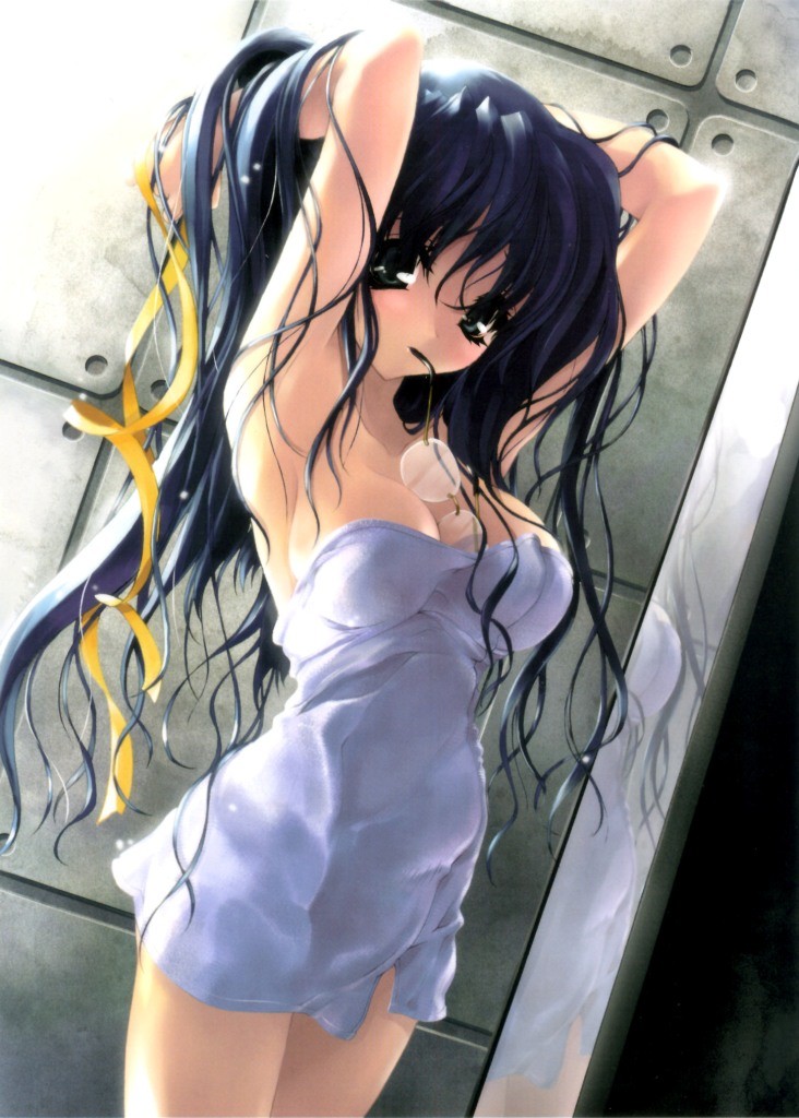 1girl adjusting_hair armpits arms_up bath between_breasts blue_eyes blue_hair breasts cleavage glasses glasses_removed hair_ribbon impossible_towel long_hair miwa_yoshikazu mouth_hold naked_towel ribbon shower solo towel wet wet_clothes