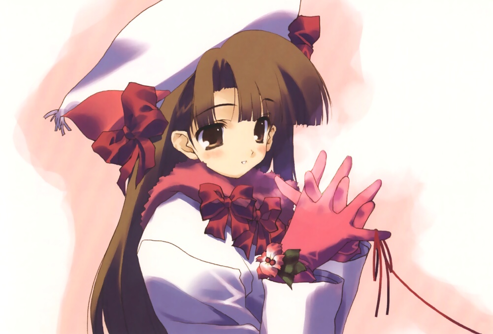 1girl brown_eyes brown_hair character_request flower gloves hat long_hair red_gloves red_ribbon red_string ribbon solo source_request string