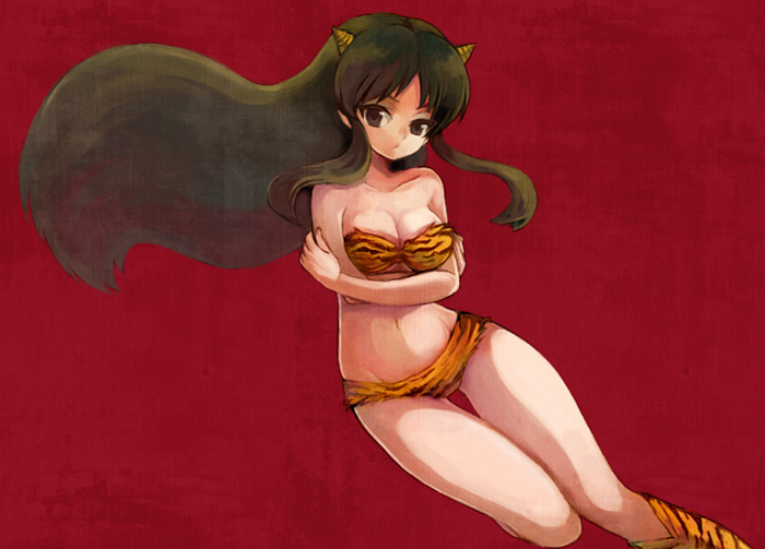 1girl breast_squeeze breasts cleavage female lum simple_background solo tiger_print urusei_yatsura yonko