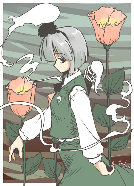 1girl akiyama_nenehisa female flower hitodama konpaku_youmu konpaku_youmu_(ghost) profile solo touhou walking will_o_wisp wisp