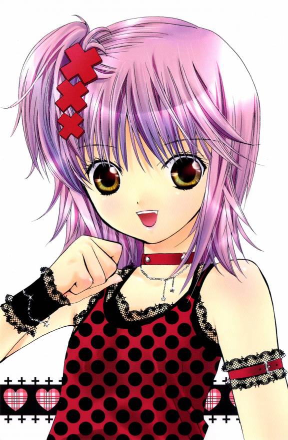 1girl hair_ornament happy hinamori_amu jewelry lace necklace official_art peach-pit pink_hair polka_dot scan shugo_chara! solo tank_top yellow_eyes