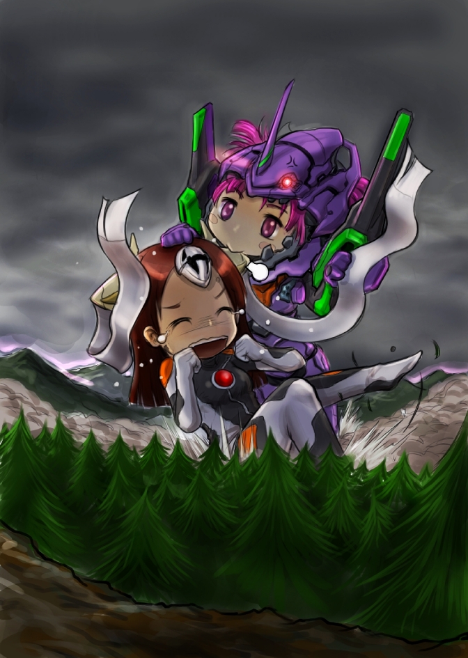 2girls :&gt; angel_(evangelion) battle biting chibi closed_eyes cosplay crying ear_biting eating eva_01 forest giantess laughing long_hair mecha mecha_musume multiple_girls nature neon_genesis_evangelion parody personification pink_hair redhead science_fiction short_hair spoilers tears tickling violet_eyes zeruel