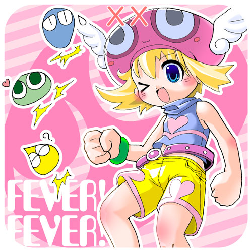 1girl ;q amitie bare_shoulders beret blonde_hair blue_eyes bracelet compile creature fang flipped_hair hat jewelry lowres madou_monogatari one_eye_closed open_mouth puyo_(puyopuyo) puyopuyo puyopuyo_fever short_hair shorts solo sweater_vest tongue tongue_out turtleneck wink