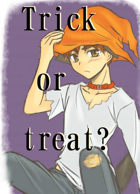1boy collar emiya_shirou fate/stay_night fate_(series) halloween hat male_focus purple_background sitting solo torn_clothes trick_or_treat witch_hat