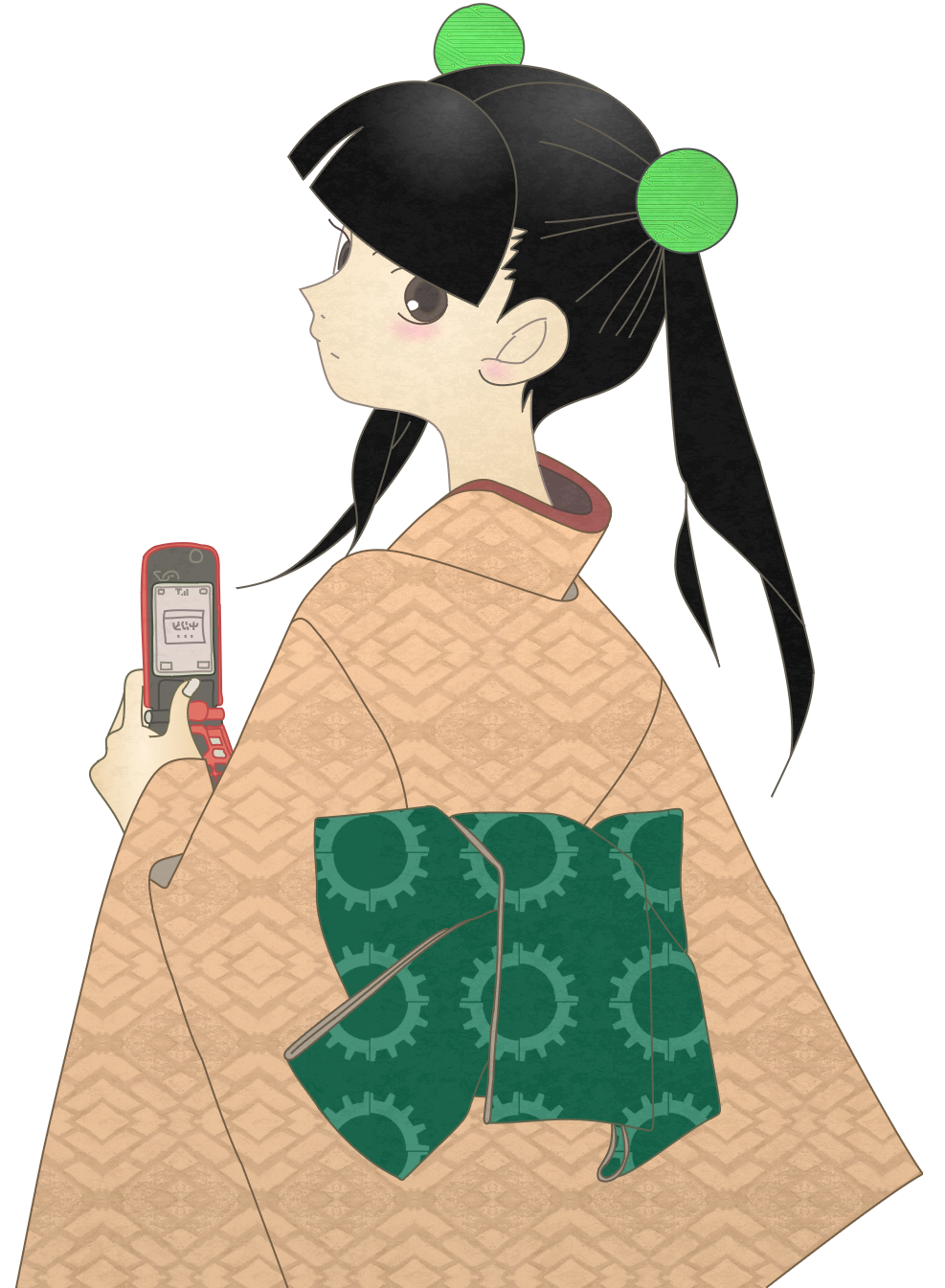 anonymous_soup cellphone highres japanese_clothes kimono looking_back otonashi_meru phone sayonara_zetsubou_sensei transparent_background vector_trace
