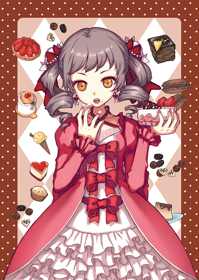 1girl cake chocolate cream dessert drill_hair earrings eating food frills fruit gothic_lolita hair_ornament ice_cream ice_cream_cone jewelry juke lolita_fashion macaron nail_polish open_mouth pastry pink_nails red_nails solo strawberry strawberry_shortcake twin_drills twintails