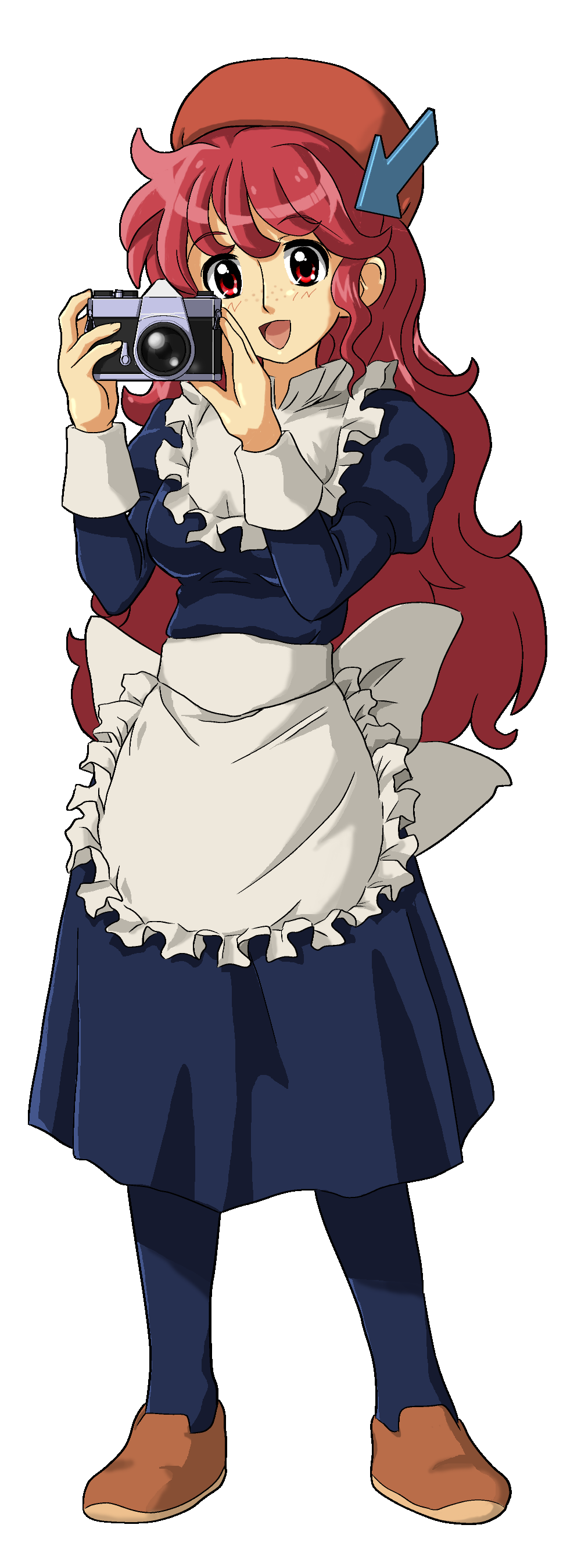 1girl absurdres aliasing beret camera commons commons-tan freckles hat highres kasuga39 long_hair long_image looking_at_viewer maid matching_hair/eyes older open_mouth os-tan pantyhose red_eyes redhead simple_background smile solo tall_image transparent_background wikipedia