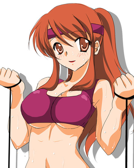 1girl alternate_hairstyle asahina_mikuru asahina_mikuru_(adult) breasts brown_eyes brown_hair cleavage collarbone exercise large_breasts looking_at_viewer older ponytail sidelocks sinko solo sports_bra suzumiya_haruhi_no_yuuutsu sweat sweating sweating_profusely upper_body