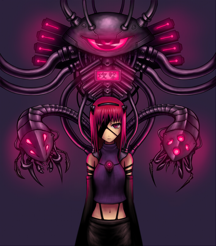 1girl bad_id elbow_gloves eyepatch gia gloves insect long_hair midriff pink_eyes pink_hair robot science_fiction solo