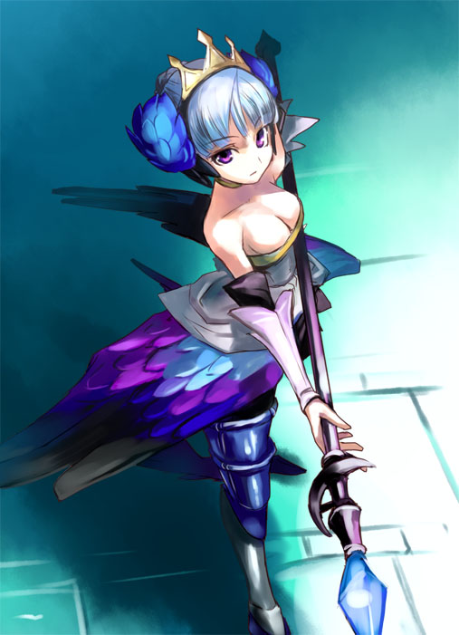 1girl adachi_yousuke armor armored_dress blue_background breasts cleavage crown dress gwendolyn hat medium_breasts odin_sphere polearm solo spear strapless strapless_dress weapon