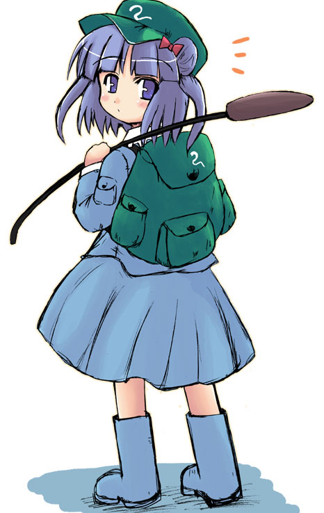 1girl backpack bag blue_eyes blue_hair blush boots cattail crown_(artist) female full_body hair_bobbles hair_ornament hat kawashiro_nitori looking_back plant rubber_boots simple_background skirt solo standing touhou