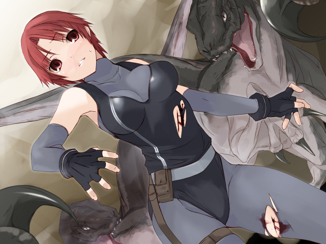 1girl aka_ume ao_ume blood breasts capcom dino_crisis dinosaur elbow_gloves fantasy gloves red_eyes redhead regina solo thigh_strap torn_clothes