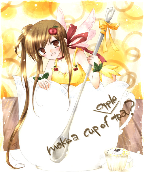 1girl blush bow bracelet brown_eyes brown_hair cherry cup dress english fantasy food fruit hair_ornament jewelry leaf long_hair looking_at_viewer original solo soumoto_mina spoon table tea wings yellow_bow yellow_dress