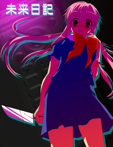 1girl blue_dress bow bowtie crazy_eyes dagger dress floating_hair gasai_yuno holding holding_weapon long_hair looking_at_viewer mikami_mika mirai_nikki pink_hair red_bow red_bowtie solo standing weapon wind yandere