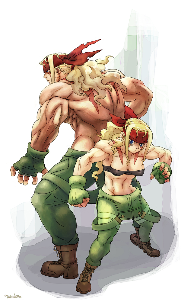 1boy 1girl alex_(street_fighter) blonde_hair blue_eyes capcom capcom_fighting_jam dual_persona genderswap genderswap_(mtf) midnight_bliss muscle street_fighter street_fighter_iii street_fighter_iii_(series) torashiro_eiji