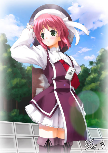 1girl black_bow blue_sky blush boots bow bowtie clouds digital_media_player dress forest frills green_eyes hat jumper kazami_haruki lens_flare nature number park pinafore_dress purple_boots red_bow red_bowtie redhead school_uniform serafuku sky solo thigh-highs tree wall