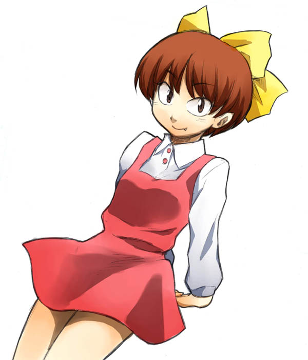 1girl blush bow brown_hair buttons d=code dress fang gegege_no_kitarou jumper legs looking_at_viewer nekomusume pinafore_dress shirt short_hair simple_background smile solo touei white_background white_shirt yellow_bow