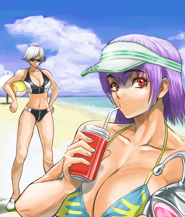 2girls ayane ayane_(doa) bad_id ball beach beachball bikini breasts christie_(doa) cleavage cloud dead_or_alive dead_or_alive_xtreme_beach_volleyball drinking_straw hand_on_hip ibanen large_breasts looking_at_viewer multiple_girls purple_hair red_eyes short_hair straw sunglasses swimsuit tecmo volleyball white_hair