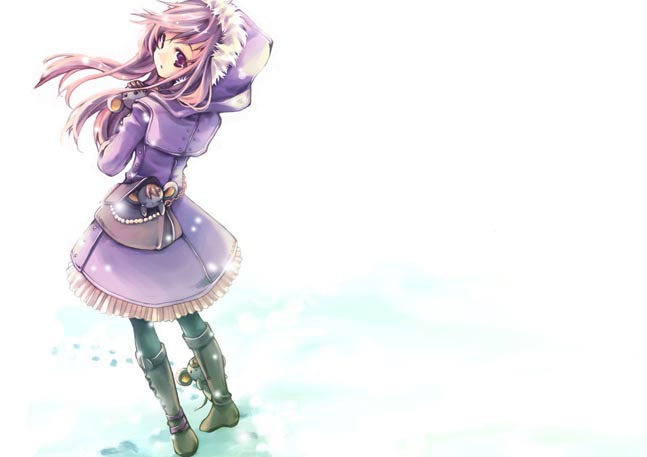 1girl bag boots chitose_maki coat dress female from_behind fur gloves handbag hood long_hair looking_back maki_chitose outdoors pantyhose purple_hair snow solo stuffed_animal stuffed_toy violet_eyes