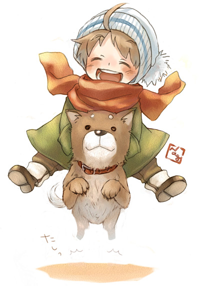 androgynous child dog grin happy hat jacket riding scarf shiba_inu smile solo yuuryuu_nagare