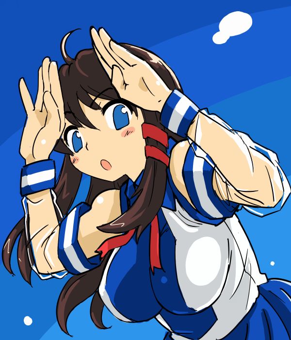 1girl ahoge arms_up bare_shoulders black_hair blue_eyes blush breasts detached_sleeves hair_ornament hands large_breasts michael open_mouth os-tan see-through solo xp-tan