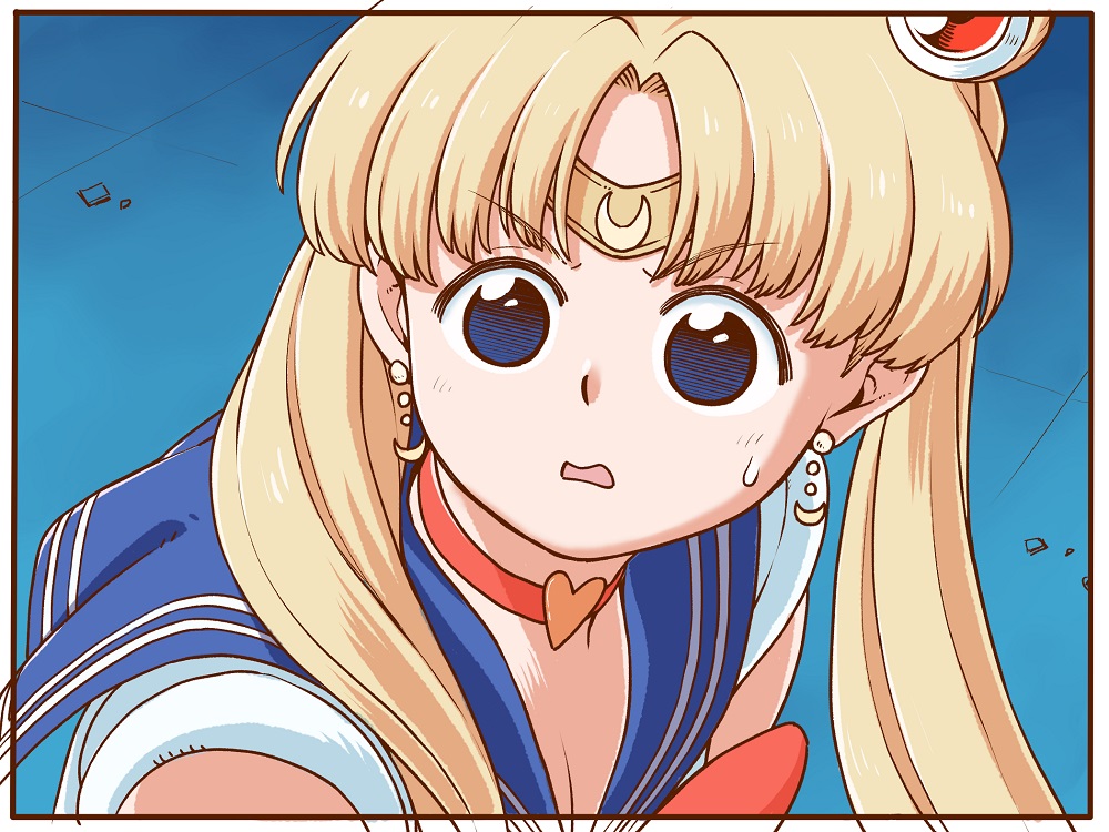 1girl bangs bishoujo_senshi_sailor_moon blonde_hair blue_background blue_eyes blue_sailor_collar border bow bowtie choker crescent crescent_earrings derivative_work diadem earrings eyebrows_visible_through_hair from_side hair_ornament heart heart_choker jewelry long_hair looking_at_viewer parted_bangs parted_lips poronegi red_choker red_neckwear sailor_collar sailor_moon sailor_moon_redraw_challenge school_uniform screencap_redraw serafuku shirt solo sweatdrop tsukino_usagi twintails white_border white_shirt