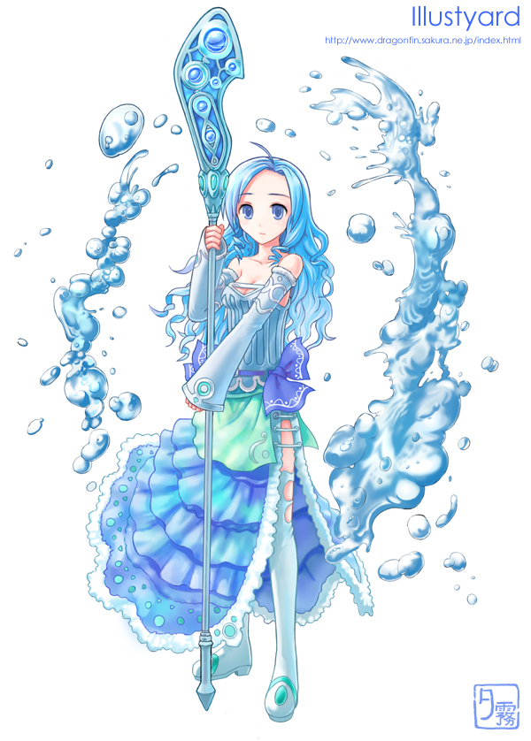 1girl blue_eyes blue_hair fantasy long_hair original solo staff thigh-highs water yuugiri