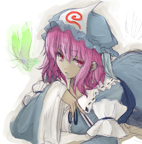 1girl arm_garter fan female hat japanese_clothes kimono long_sleeves lying mob_cap obi on_stomach pink_eyes pink_hair saigyouji_yuyuko sash shikai shikai_(iesiki_56) simple_background sketch solo touhou triangular_headpiece wide_sleeves