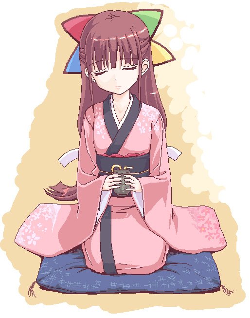 1girl 95-tan brown_hair closed_eyes cup half_updo japanese_clothes kimono kneeling long_hair os-tan seiza sitting solo takayaki tea